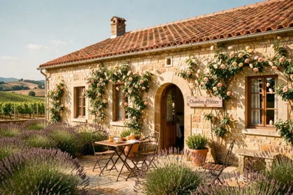 Facade pittoresque d'une chambre d'hôtes en pierre en Occitanie avec cour ensoleillée, lavande et tuiles en terre cuite