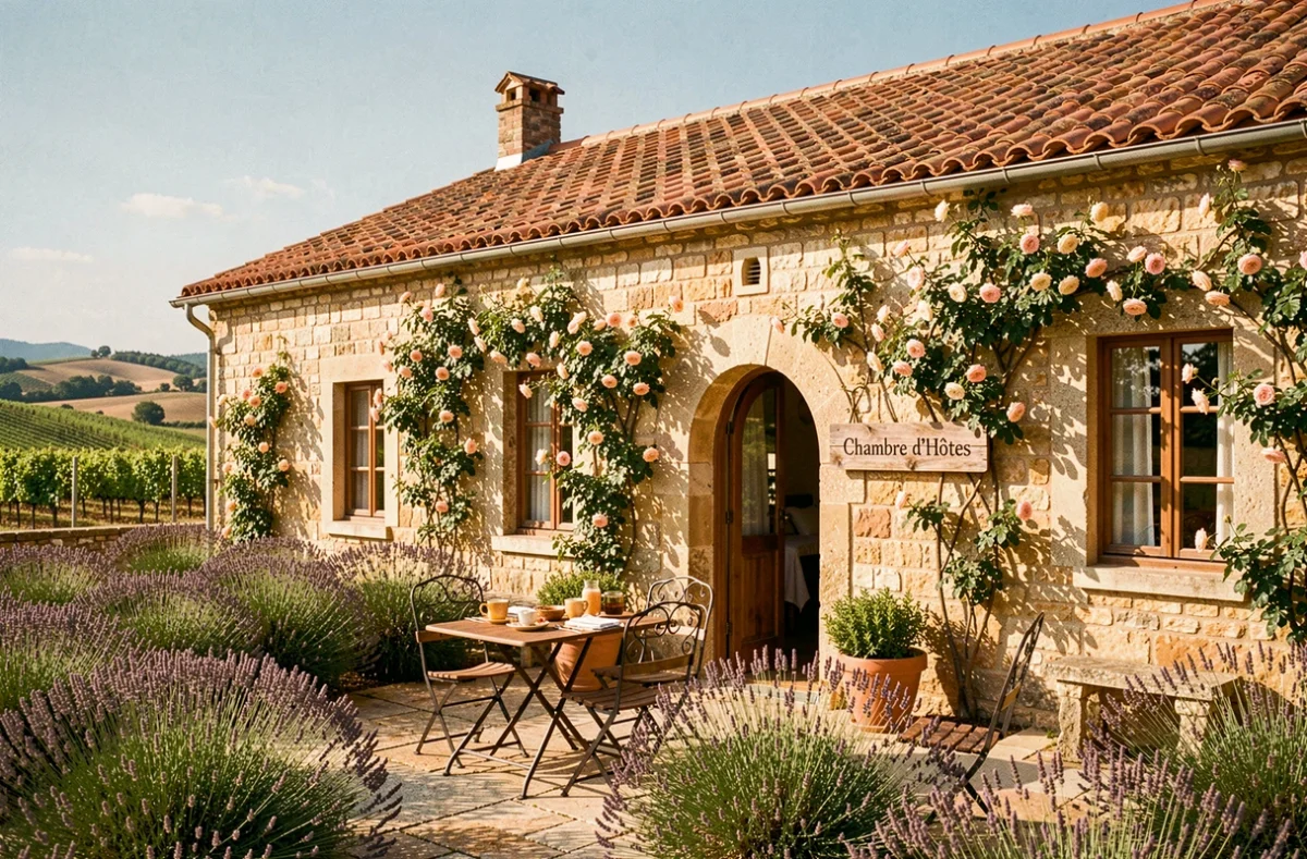 Facade pittoresque d'une chambre d'hôtes en pierre en Occitanie avec cour ensoleillée, lavande et tuiles en terre cuite