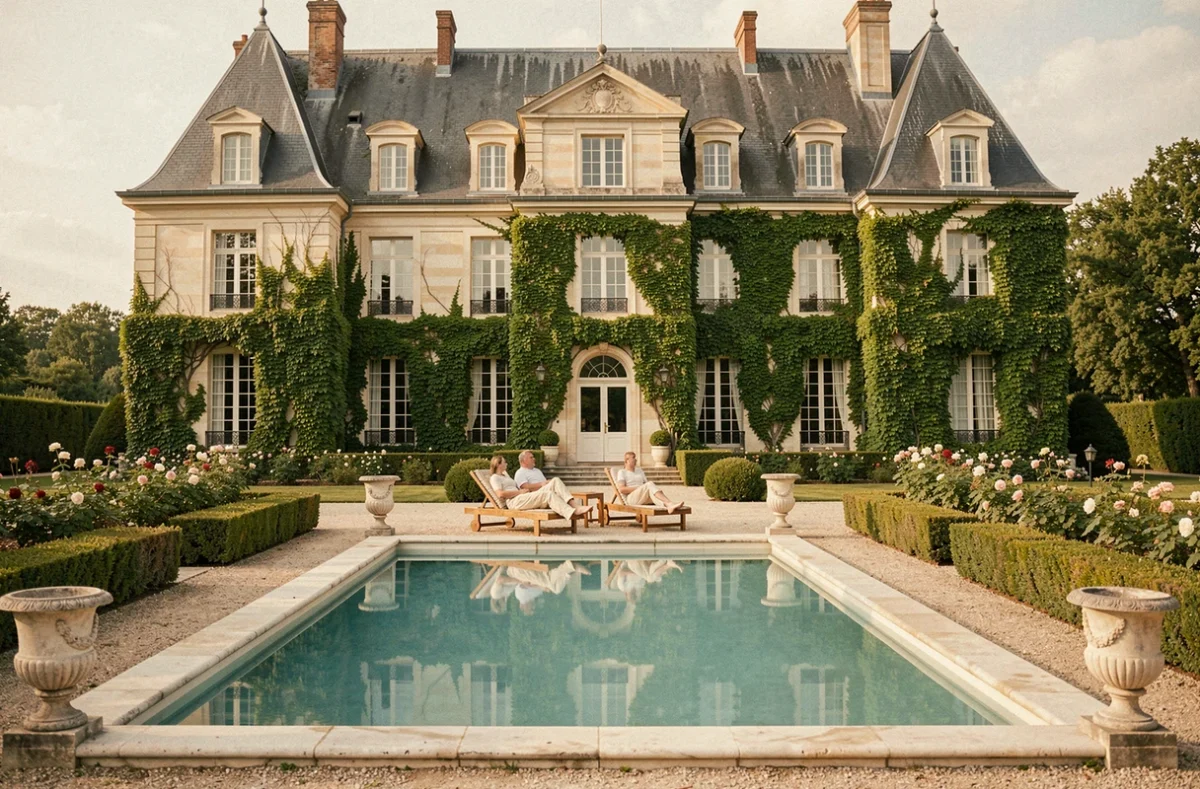 Piscine extérieure élégante du Château d'Audrieu avec la façade en pierre calcaire du château se reflétant dans l'eau