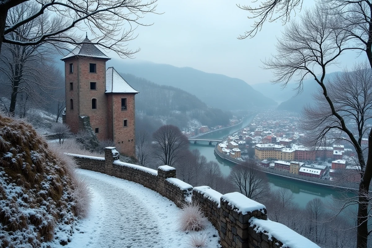 Château de Heidelberg enneigé vu depuis le Philosophenweg en hiver avec la vieille ville et le Neckar en contrebas