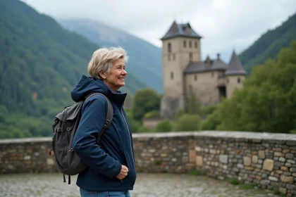 Femme regardant le Ch&acirc;teau de Requesens depuis la terrasse