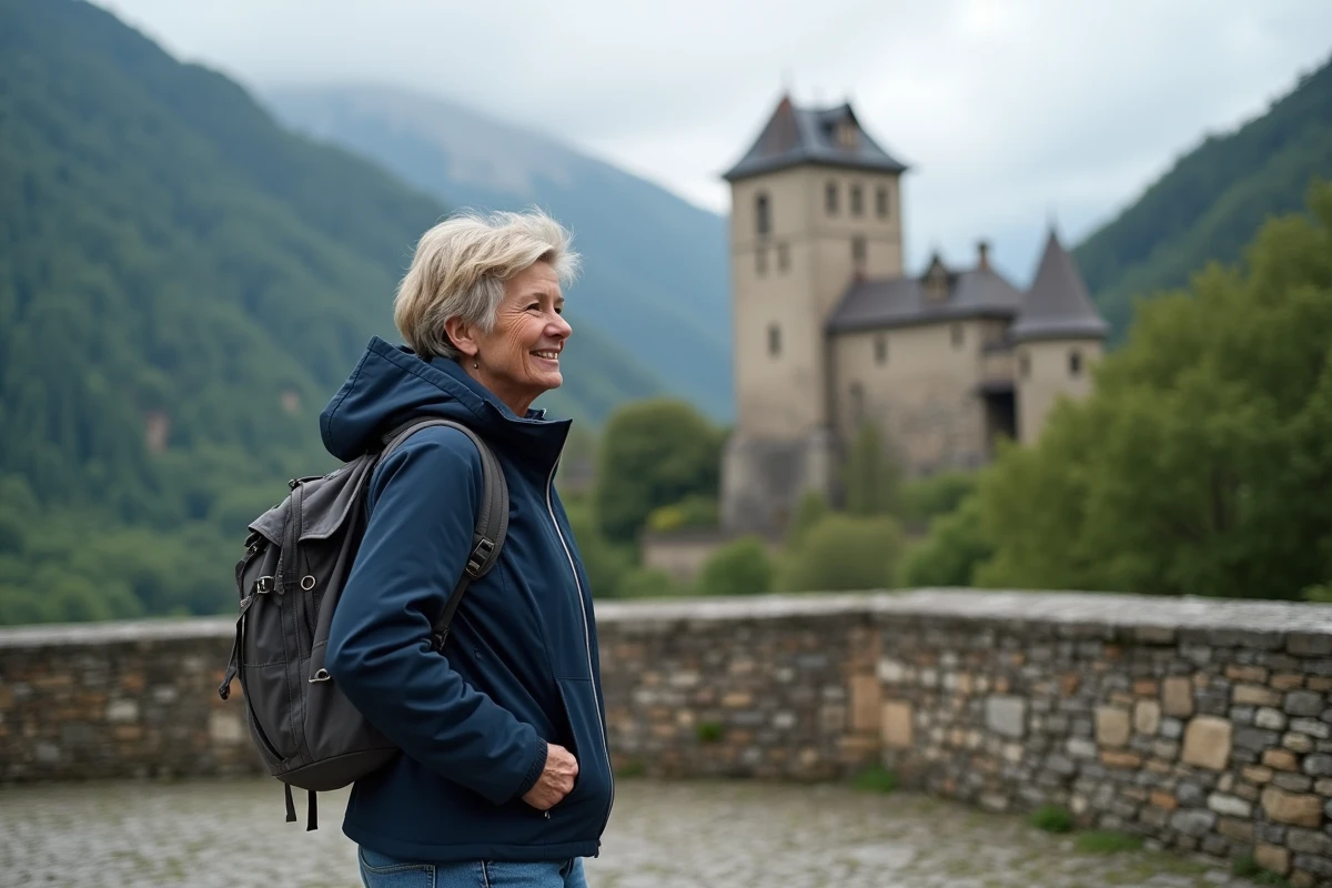 Femme regardant le Château de Requesens depuis la terrasse