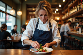 Chef femme en cuisine parisienne en train de garnir un plat