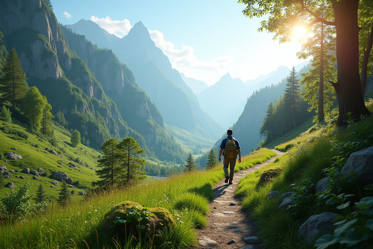 Sentier dans la nature avec un voyageur admirant le paysage