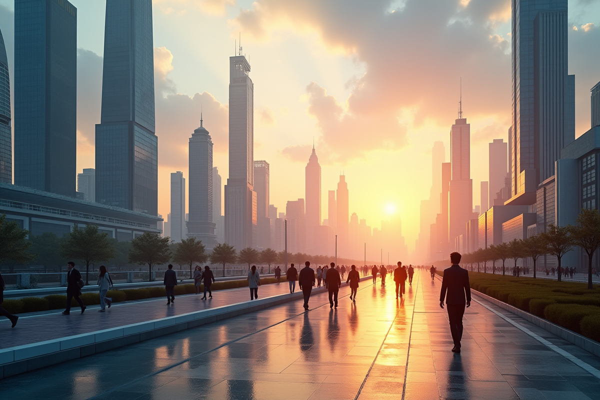 Ciel urbain futuriste au lever du soleil avec gratte-ciel modernes