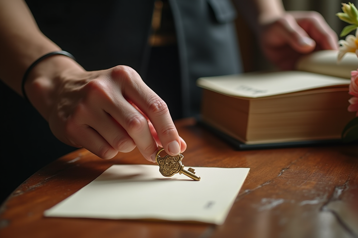 Mains posant une clé vintage sur un bureau de réception