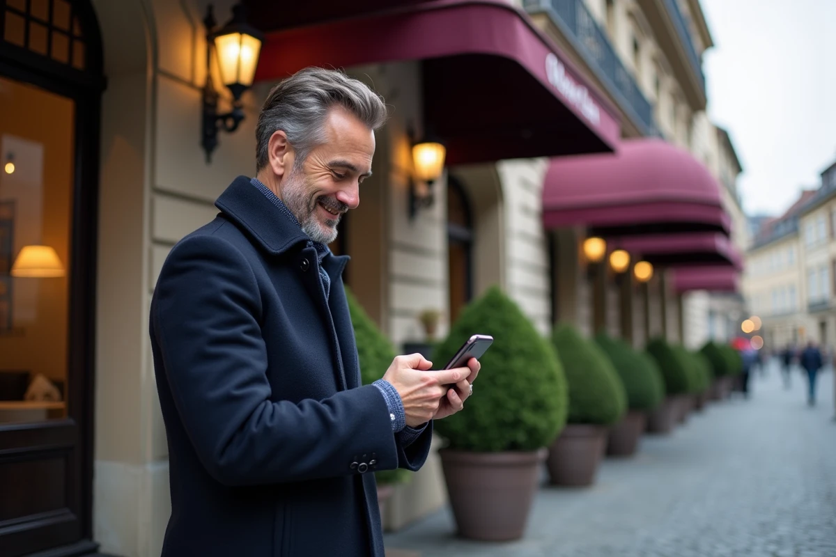 Homme consultant une application de comparaison de prix devant l'entrée d'un hôtel 5 étoiles à Strasbourg