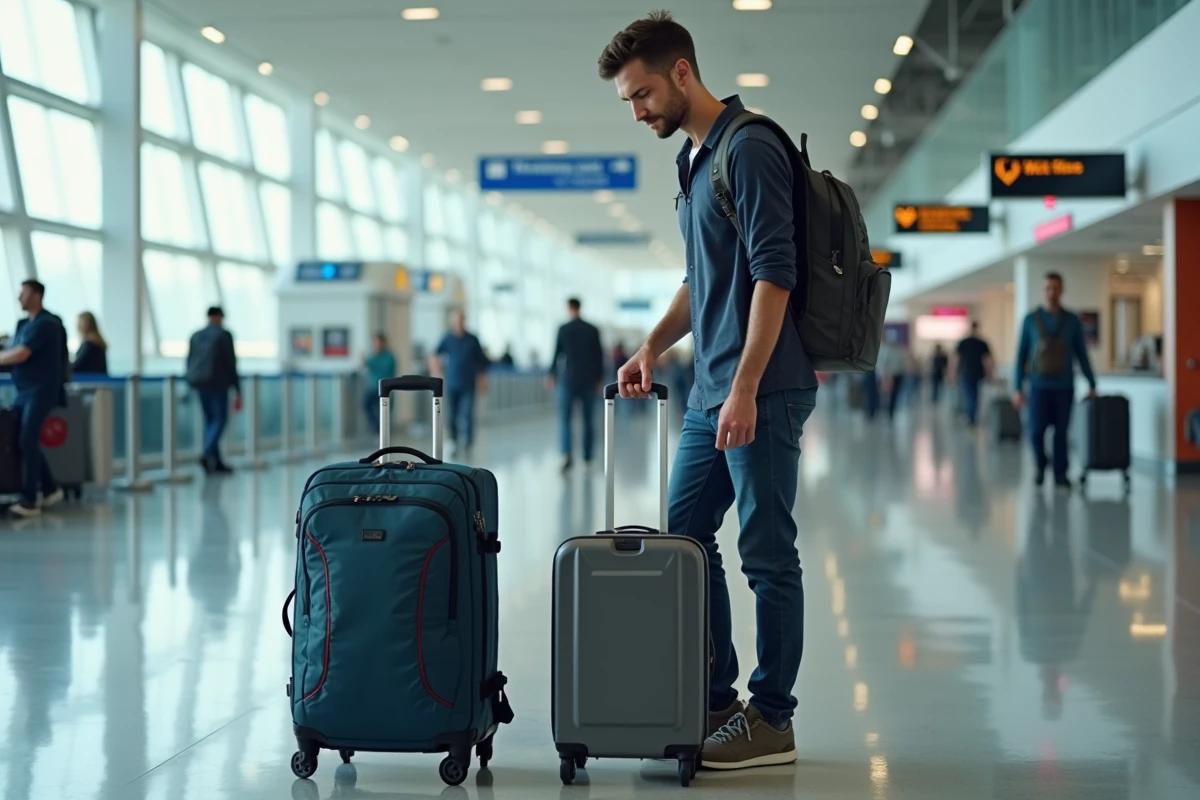Voyageur comparant un sac à dos et une valise cabine dans un terminal d'aéroport