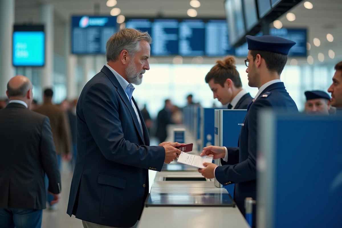 Passager remettant son passeport à un agent Air France au comptoir d'enregistrement de l'aéroport