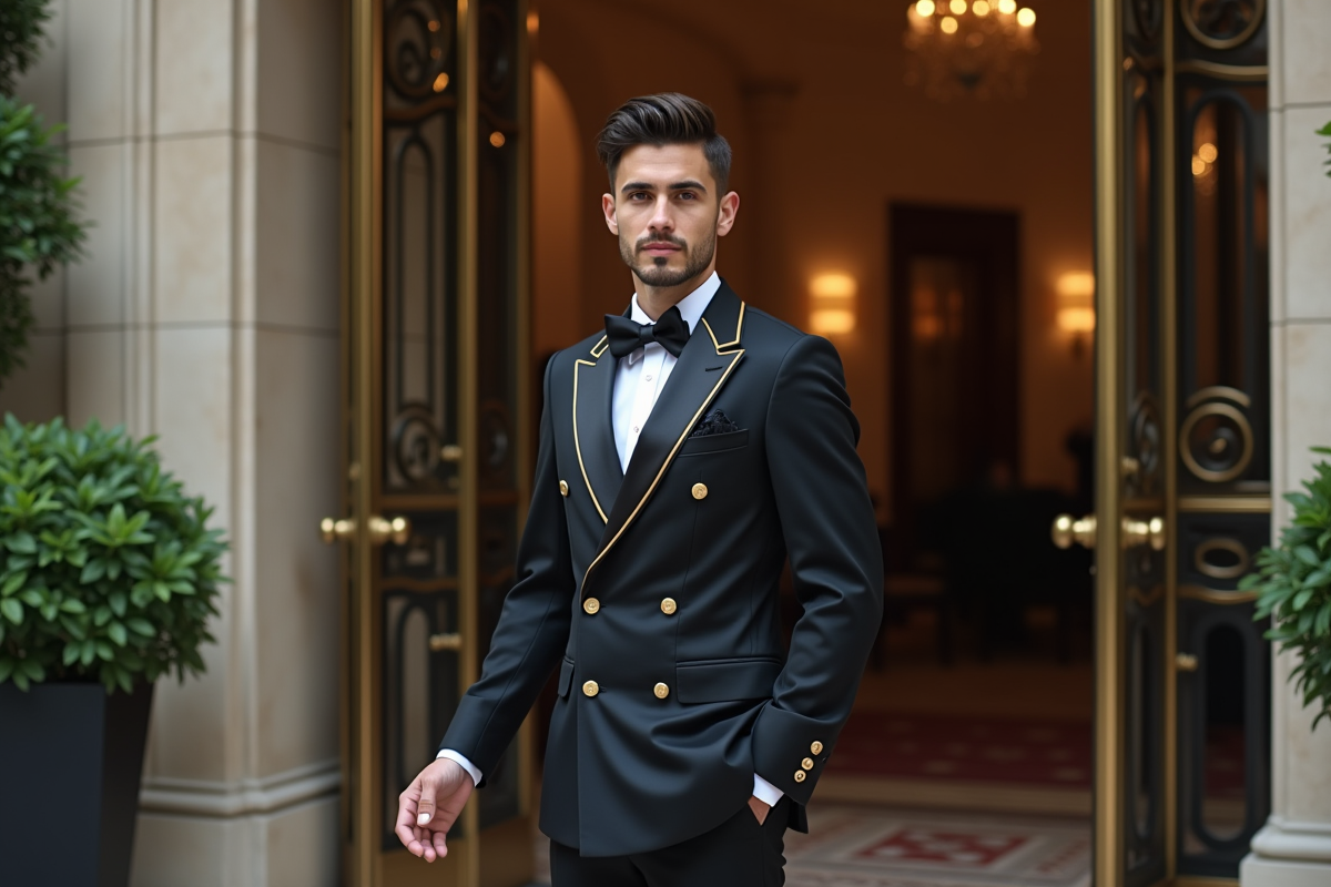 Concierge jeune ouvrant la porte d’un hôtel de luxe