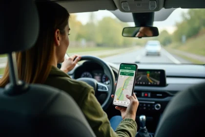 Femme utilisant l'application Mappy sur smartphone monté en voiture pour planifier un itinéraire éco-responsable