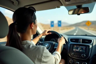 Femme conduisant sur une autoroute gratuite en Espagne avec GPS activé et paysage aride en arrière-plan