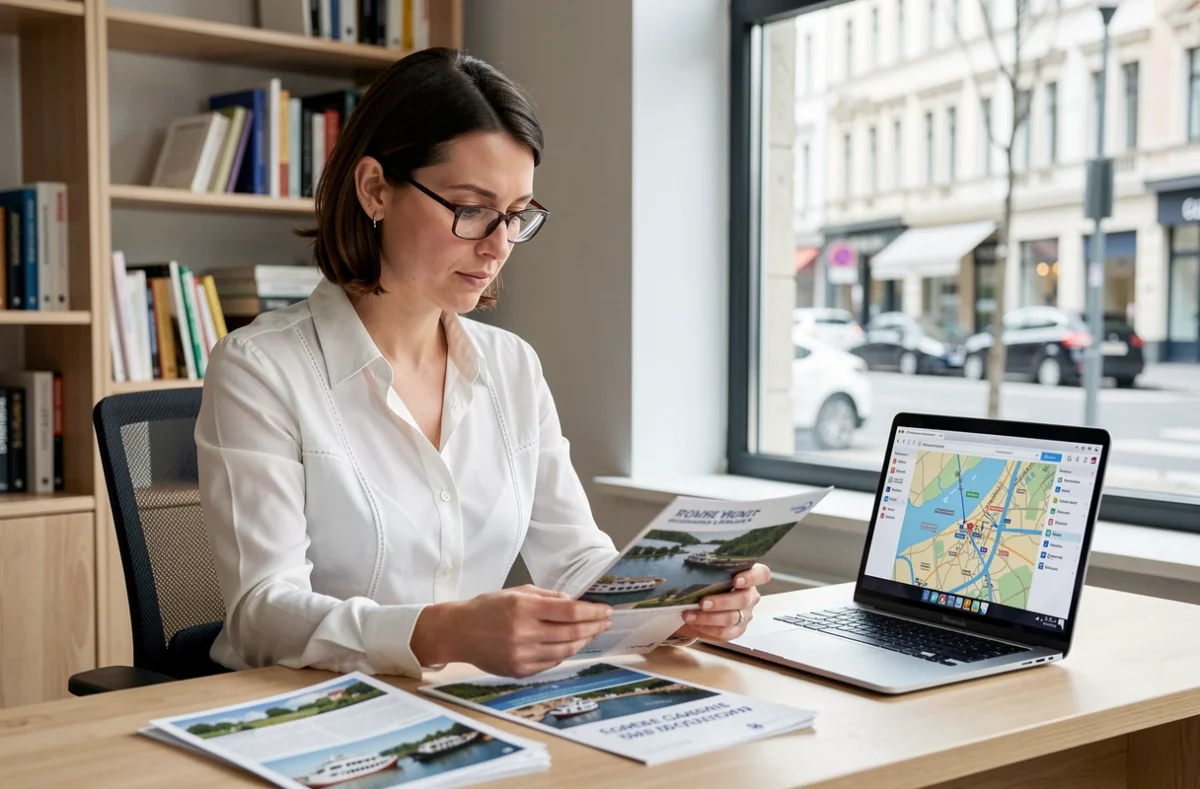 Conseillère en voyages comparant des offres de croisières fluviales en France sur ordinateur portable
