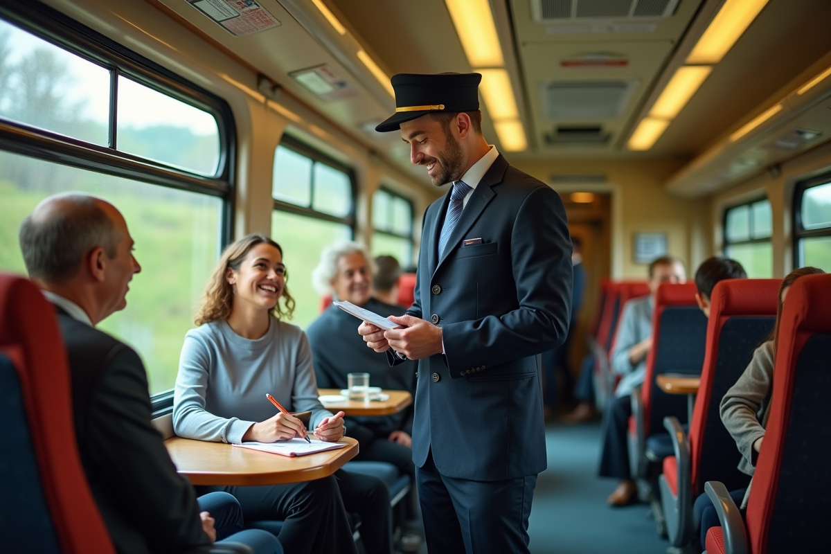 Contrôleur vérifiant les billets dans un train britannique lumineux