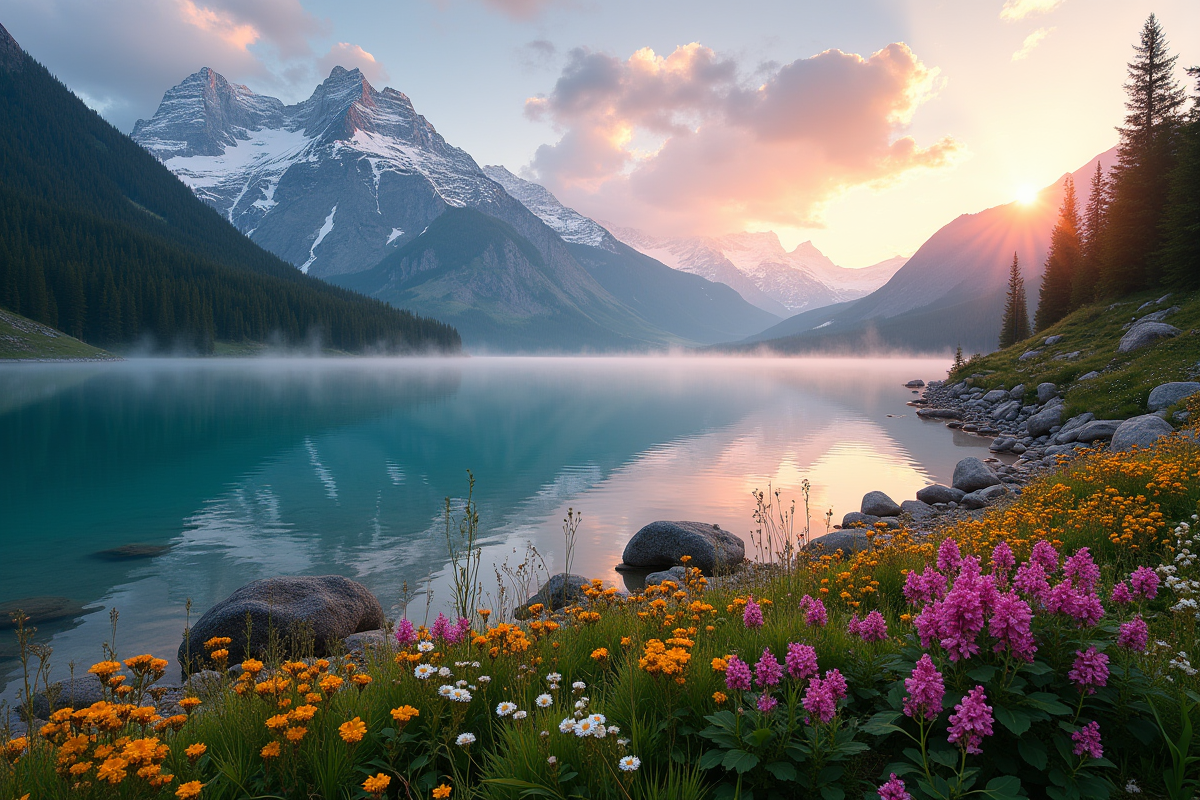 Paysage de montagne avec lac au lever du soleil