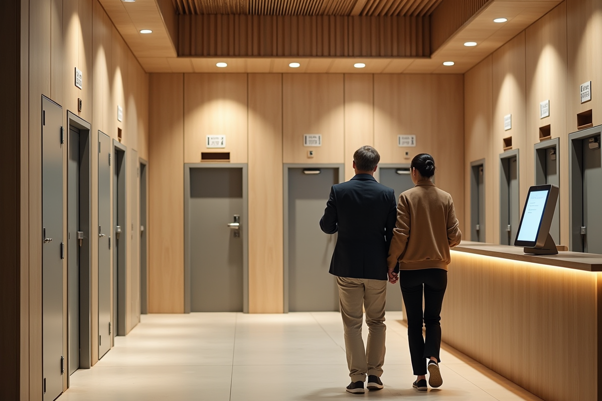 Couple arrivant à la réception d’un capsule hotel moderne