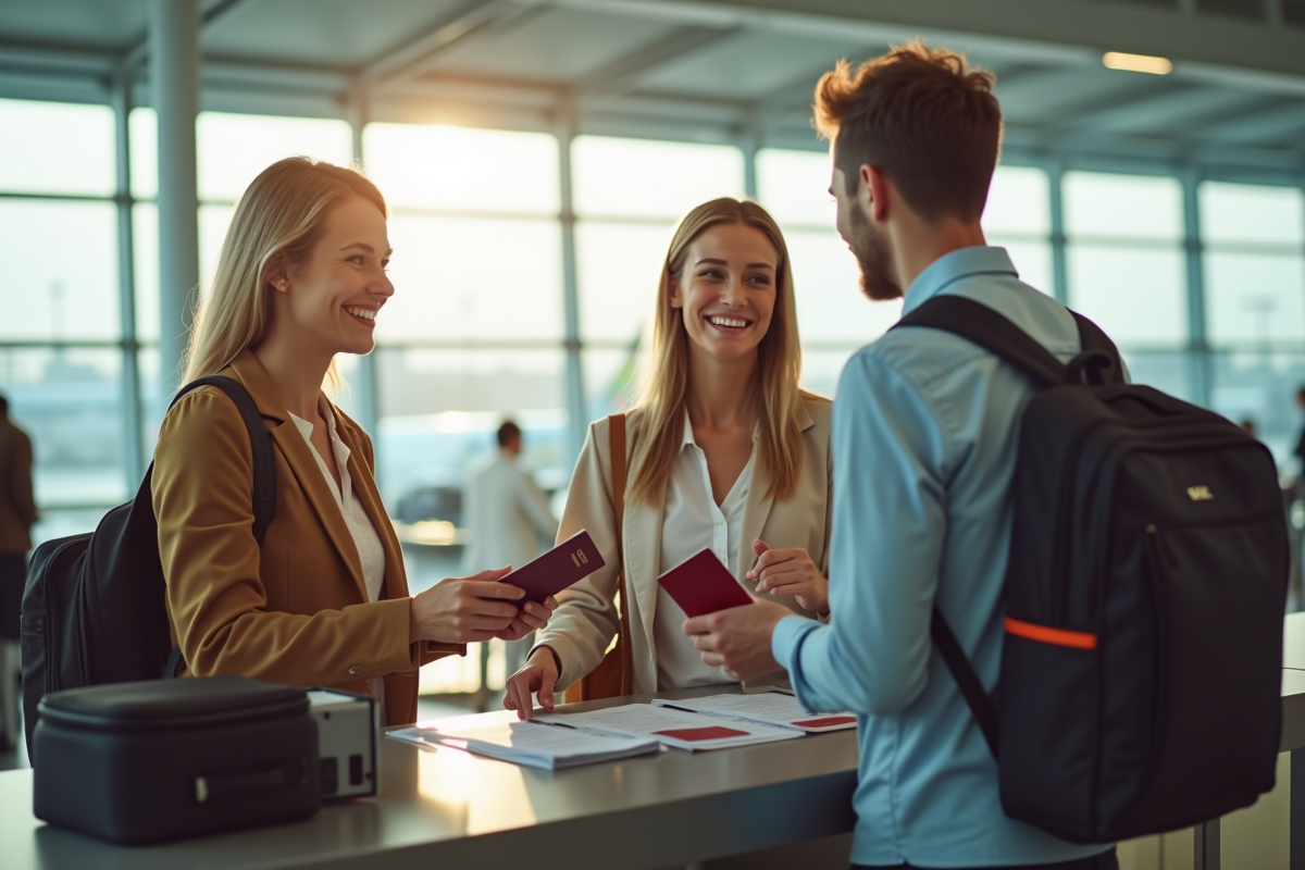Couple souriant à l'aéroport montrant leurs passeports et documents de voyage