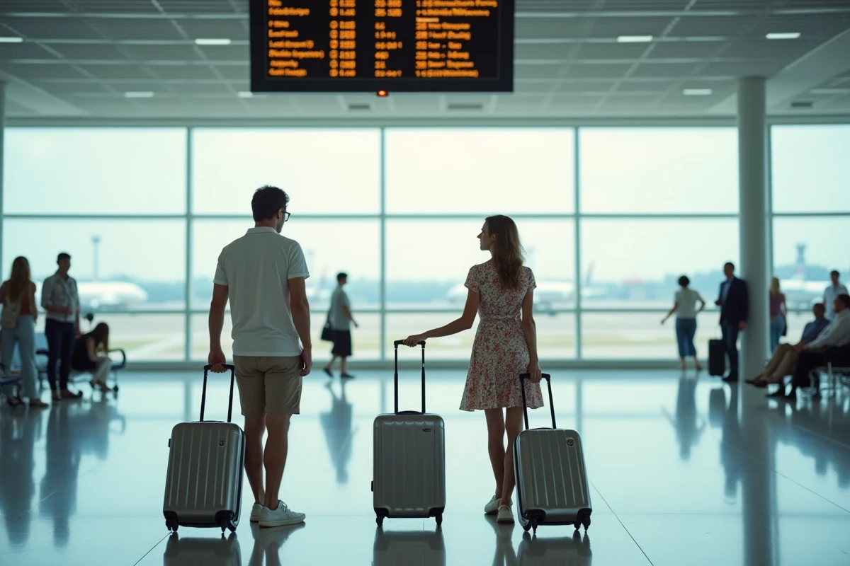 Couple &agrave; l'a&eacute;roport avec valises pour un voyage tout compris r&eacute;serv&eacute; en derni&egrave;re minute