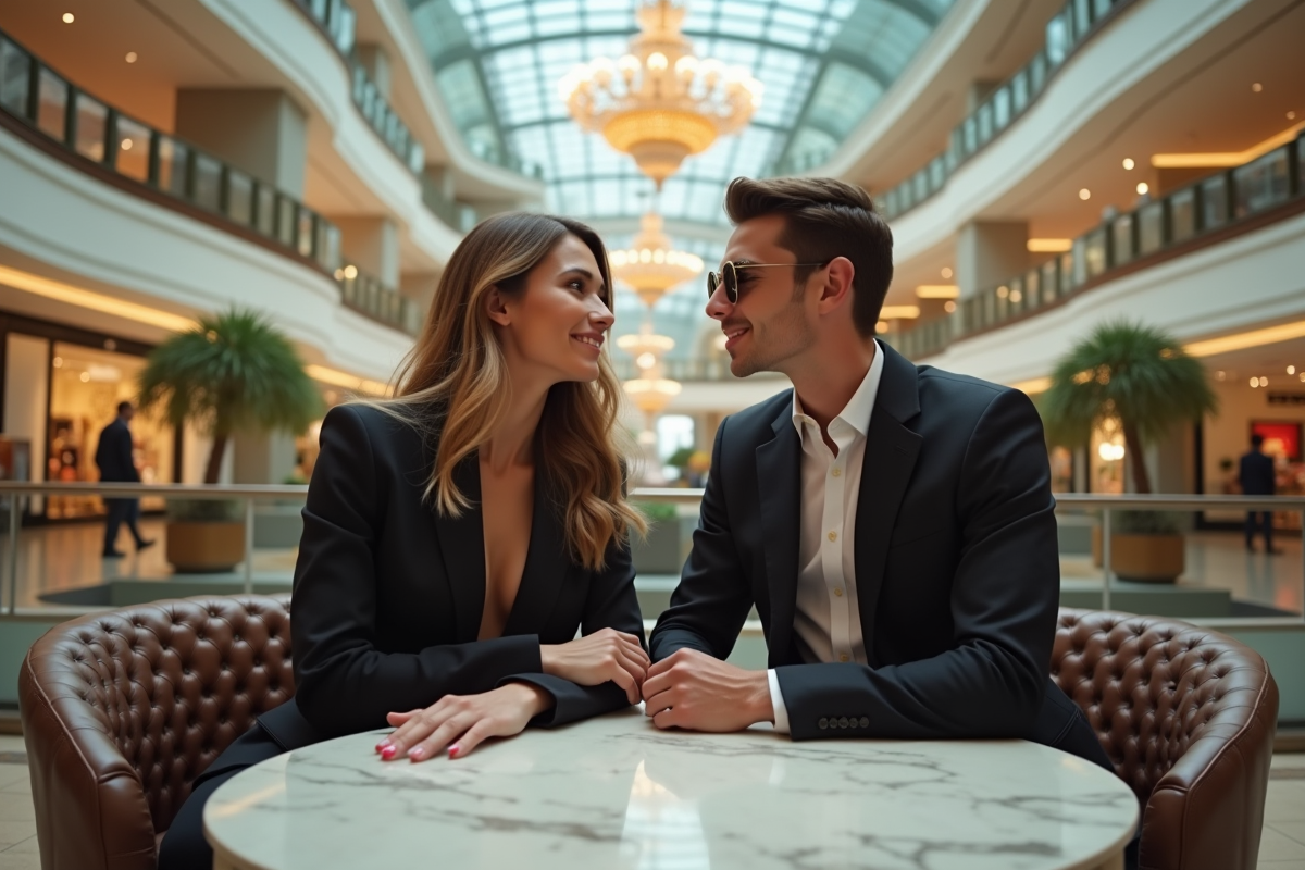 Jeune couple chic assis dans un café du centre commercial