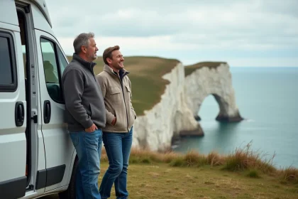 Couple fran&ccedil;ais devant leur van avec falaises d'Etretat