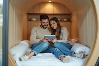 Jeune couple souriant partageant une tablette dans capsule hotel