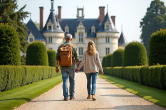 Couple marche vers un château de la Loire en extérieur