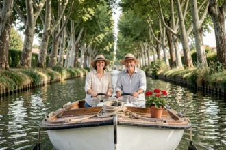 Couple naviguant sur le Canal du Midi à bord d'une pénichette entourée de platanes
