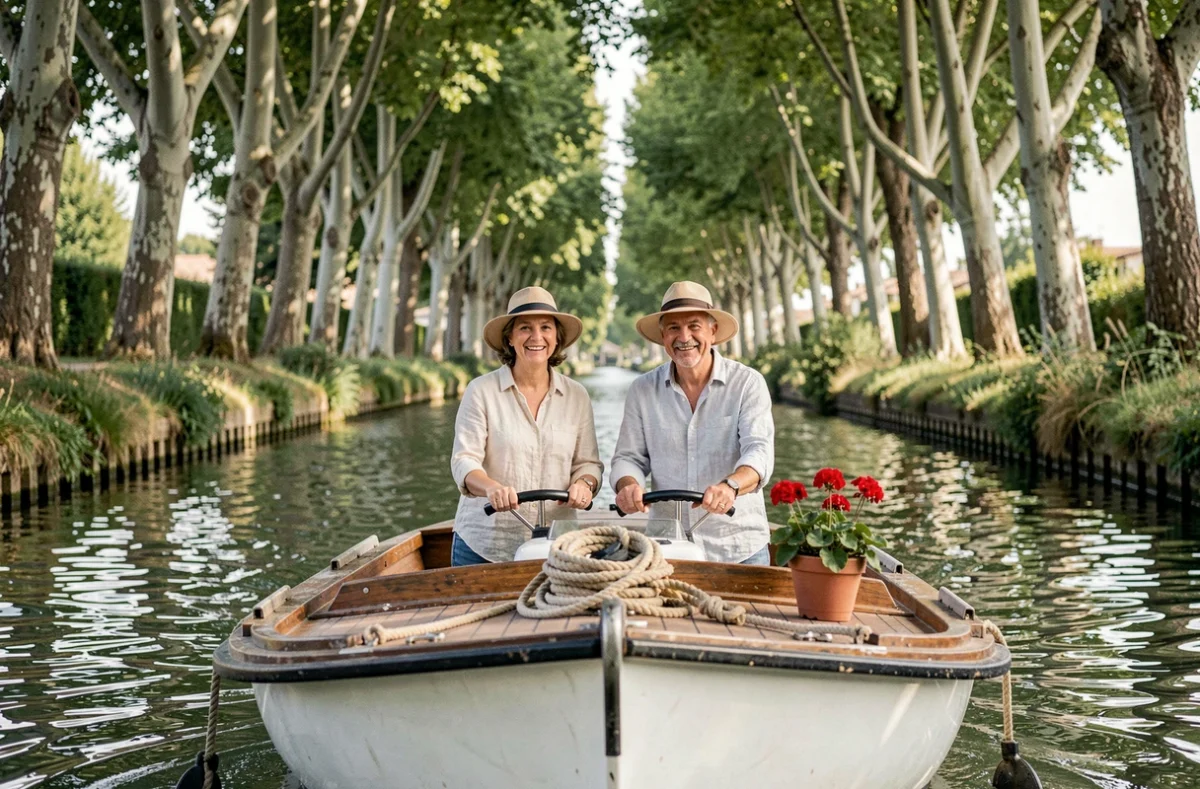 Couple naviguant sur le Canal du Midi à bord d'une pénichette entourée de platanes