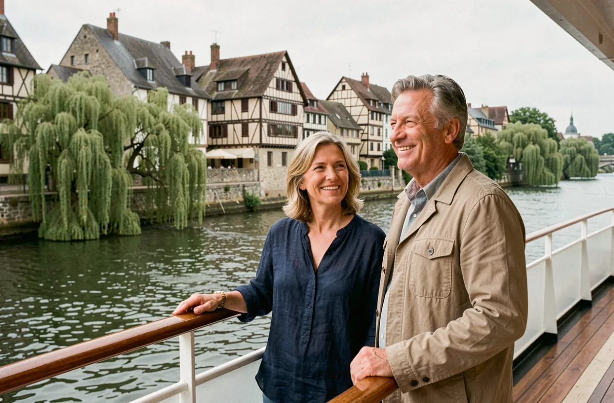 Couple en croisière sur la Seine en Normandie admirant les paysages depuis le pont du bateau
