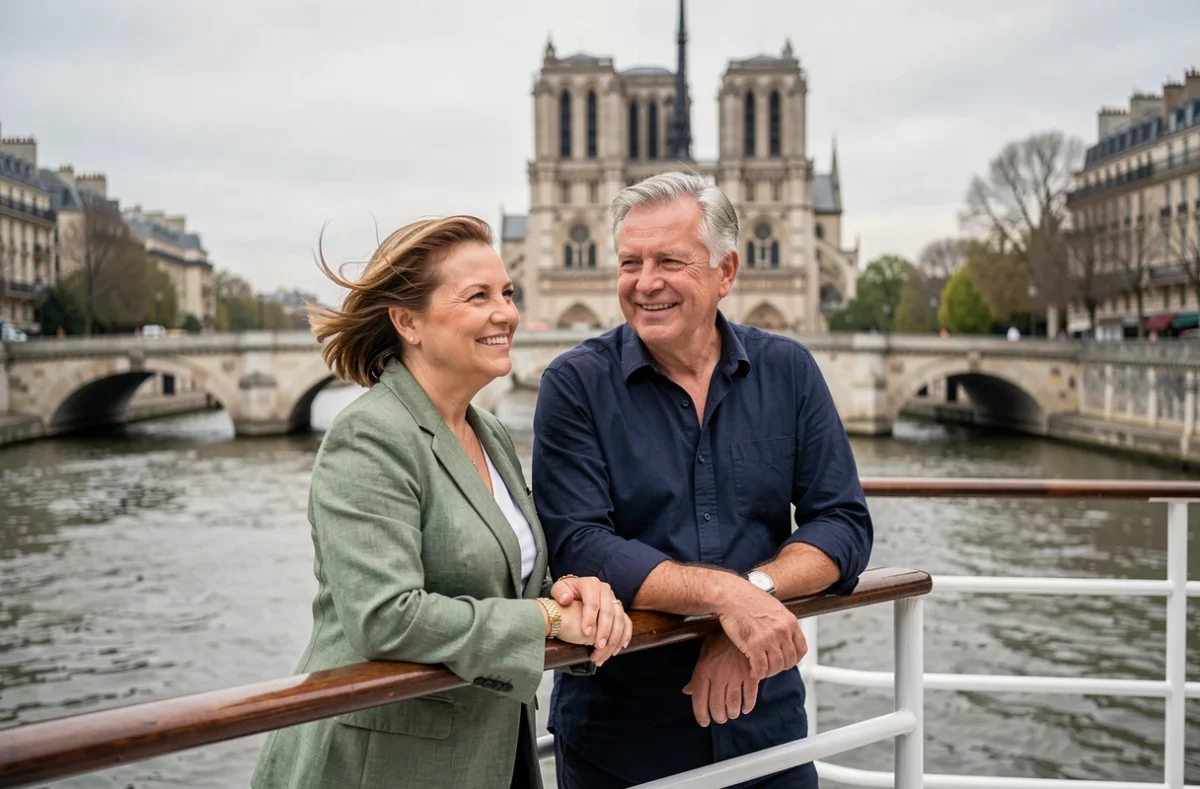 Couple en croisière sur la Seine à Paris admirant les monuments depuis le pont du bateau