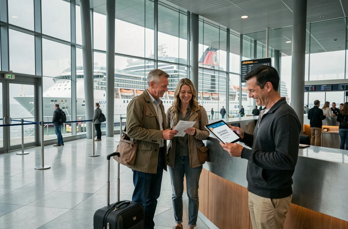Couple enregistrant leur croisière à prix réduit au terminal d'embarquement