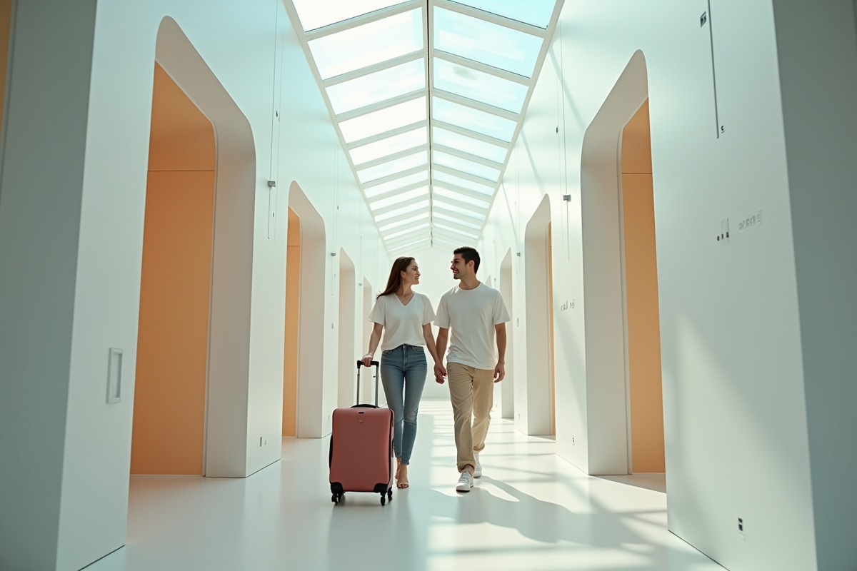 Jeune couple entrant dans un hôtel capsule lumineux