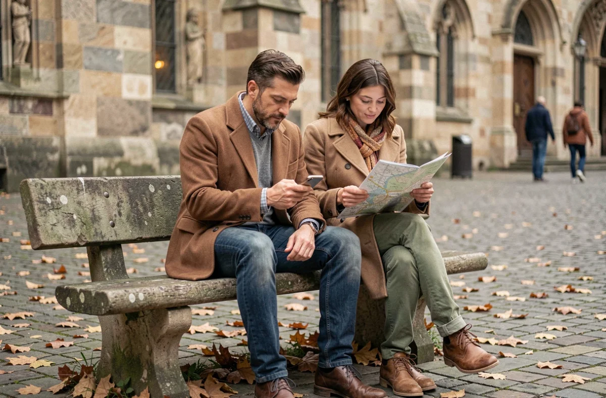 Couple de voyageurs autonomes utilisant une eSIM sur une place publique européenne sans Wi-Fi