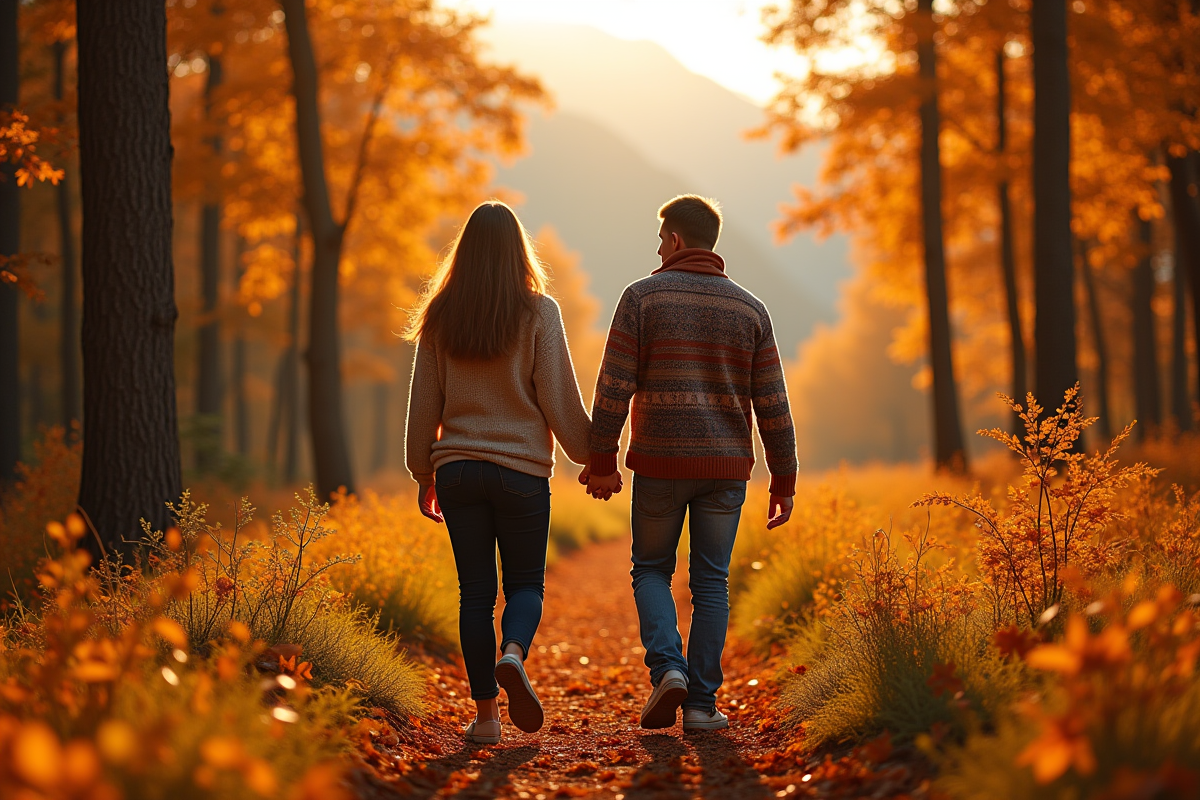 Couple marchant dans une forêt automnale aux couleurs vives