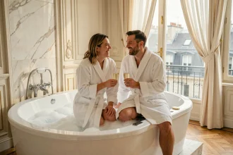 Couple en peignoir au bord d'un jacuzzi dans une chambre d'hôtel de luxe à Paris