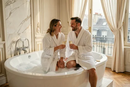 Couple en peignoir au bord d'un jacuzzi dans une chambre d'hôtel de luxe à Paris