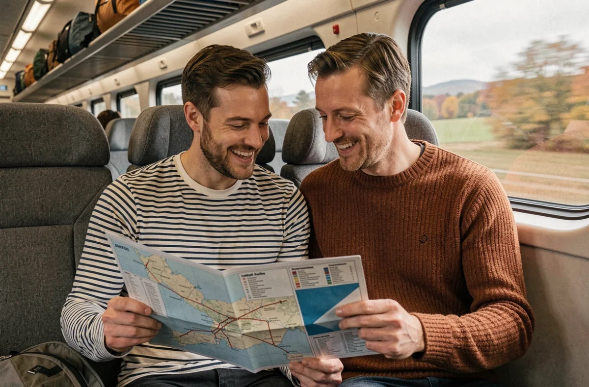 Couple planifiant leur itinéraire avec un pass Eurorail sur une carte dans un train en mouvement