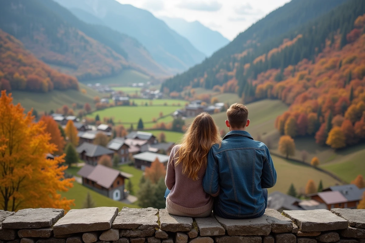 Jeune couple en randonnée avec vue sur la vallée d