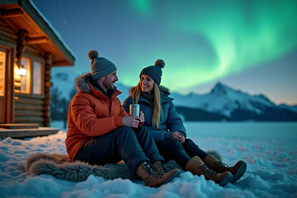 Homme et femme souriant près d’un lodge en Norvege