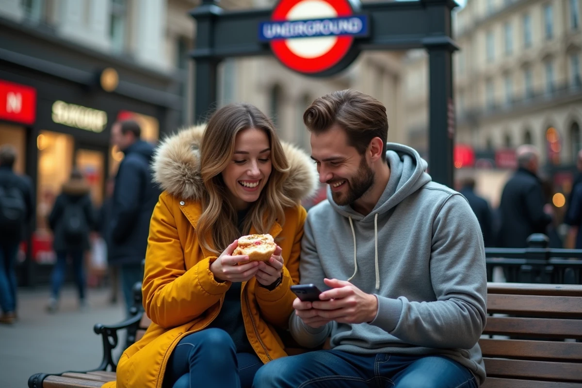 Couple de voyageurs partageant un repas économique devant l'entrée du métro de Piccadilly Circus à Londres