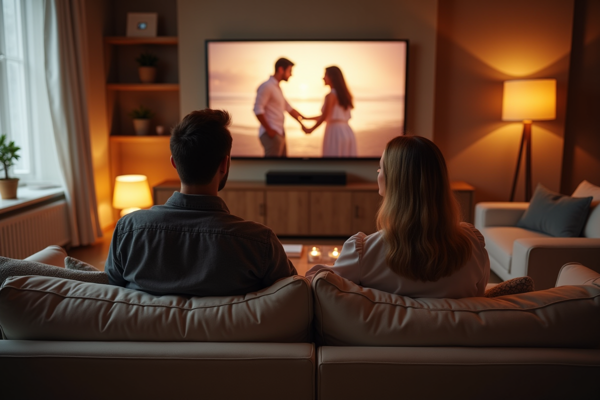 Couple romantique regardant une télé dans un salon cosy