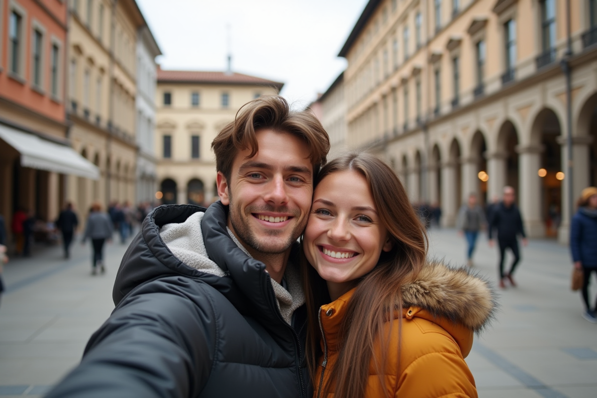 Jeune couple posant pour un selfie en ville historique