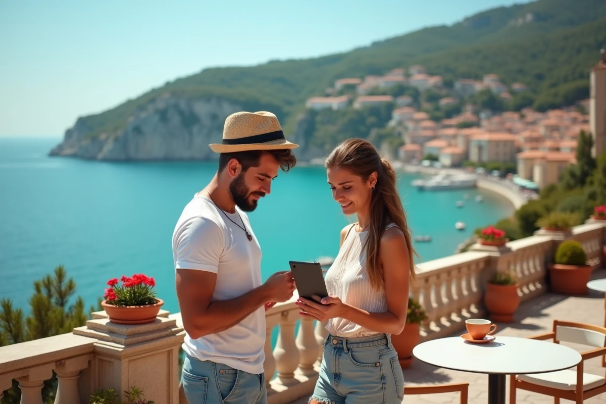 Couple consultant un site de voyage méditerranéen depuis une terrasse avec vue sur la mer