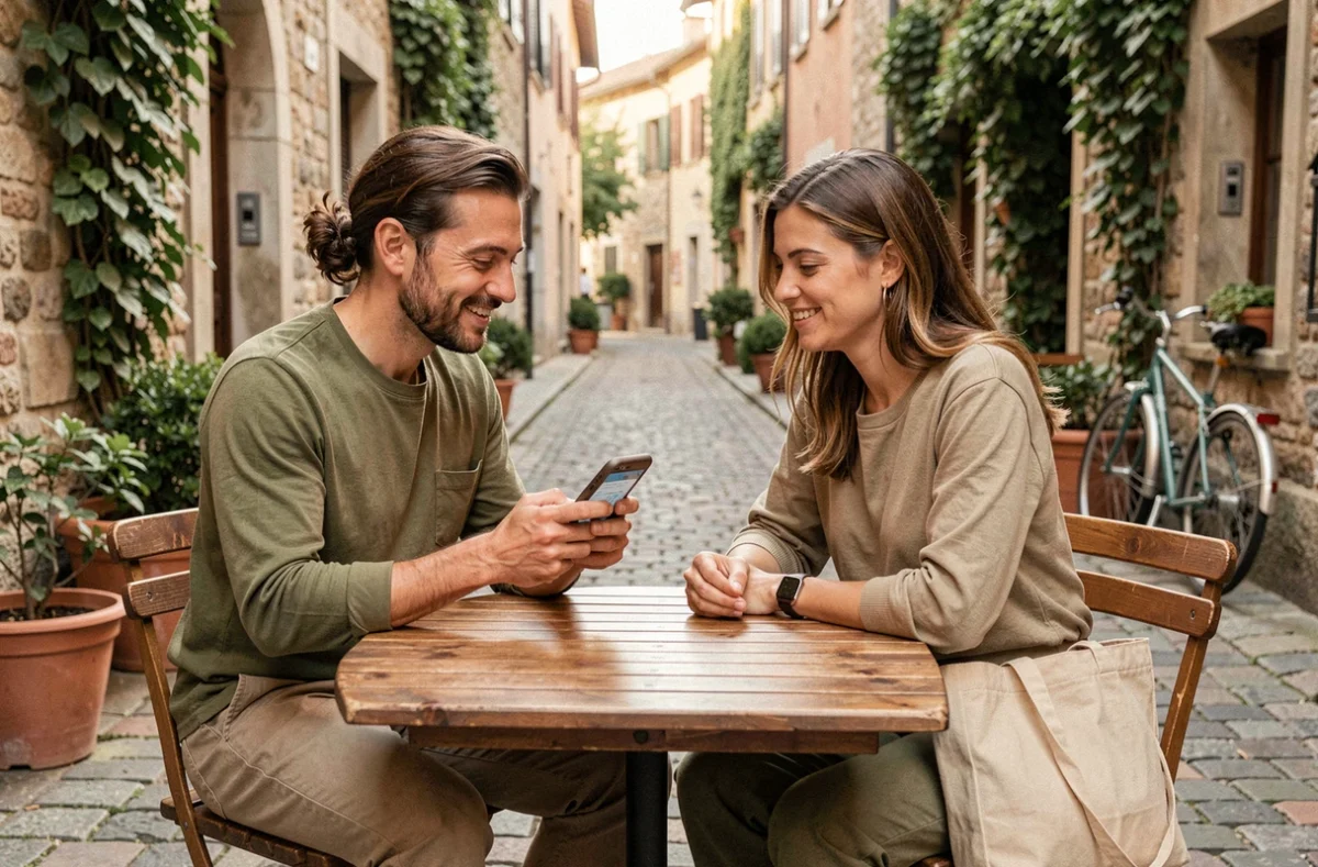 Couple de voyageurs responsables consultant leur itinéraire durable à la terrasse d'un café en ville européenne