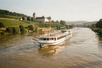 Bateau de croisière fluviale naviguant sur la Loire avec des châteaux et des vignobles en arrière-plan