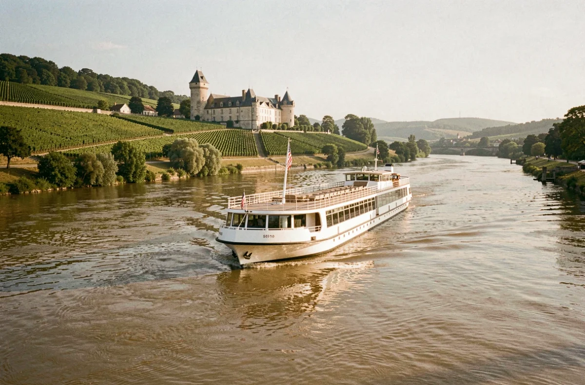 Bateau de croisière fluviale naviguant sur la Loire avec des châteaux et des vignobles en arrière-plan
