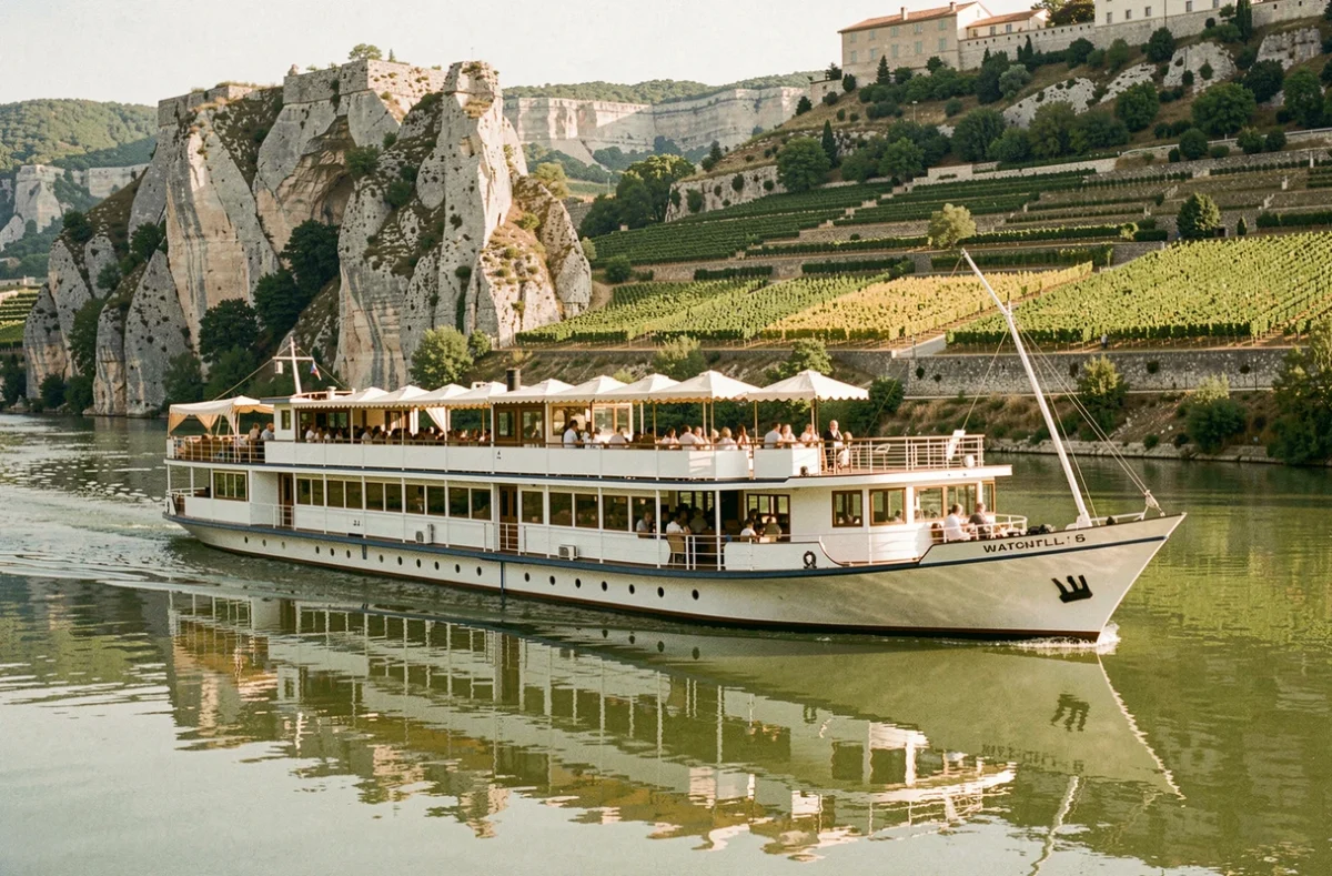 Croisière fluviale sur le Rhône en France avec un bateau blanc naviguant entre falaises et vignobles