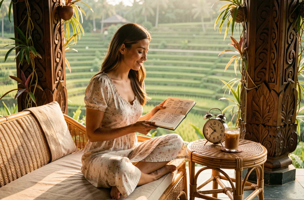 Voyageuse calculant le décalage horaire entre Bali et la France dans un pavillon de villa balinais avec vue sur rizières