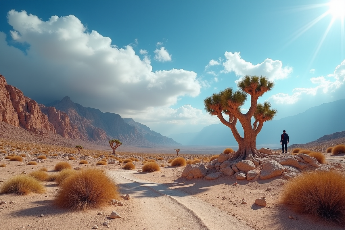 Paysage désertique à Socotra avec arbres dragons et randonneur solitaire