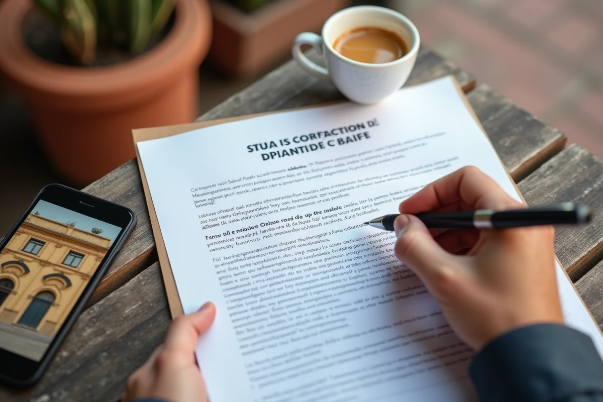 Gros plan sur un contrat de location voiture annoté sur une table de café à Palerme avec un smartphone et un expresso